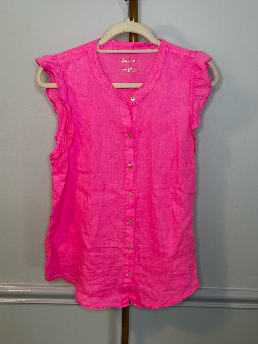 Lilly Pulitzer 100% Linen Hot Pink Briette Button Down Flutter Sleeve Top Large